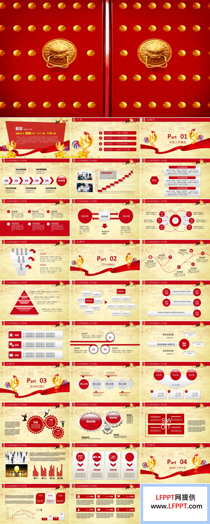 金鸡报福开门红年度工作总结汇报PPT模板