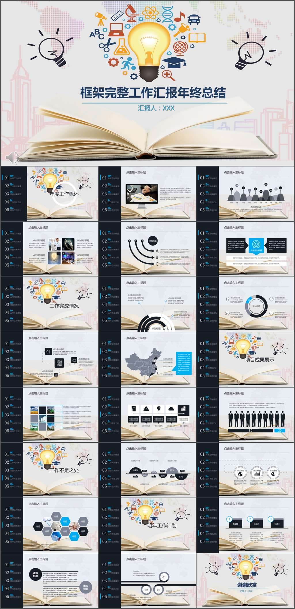 卡通风格框架完整工作汇报年终总结PPT模板 