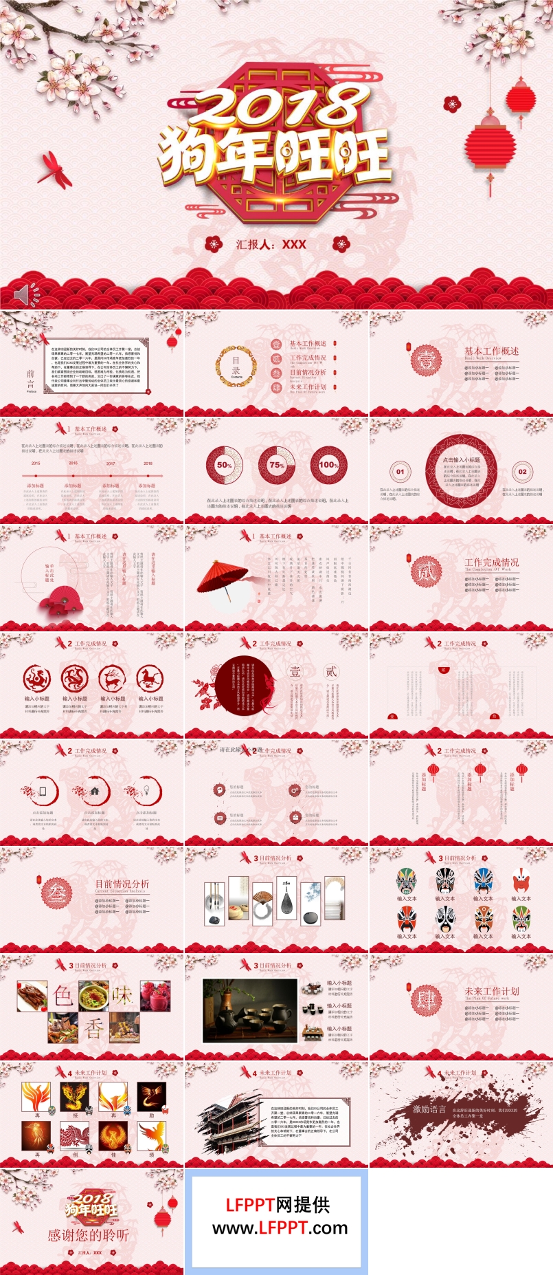 2018狗年旺旺中国风剪纸风格年终总结汇报PPT模板