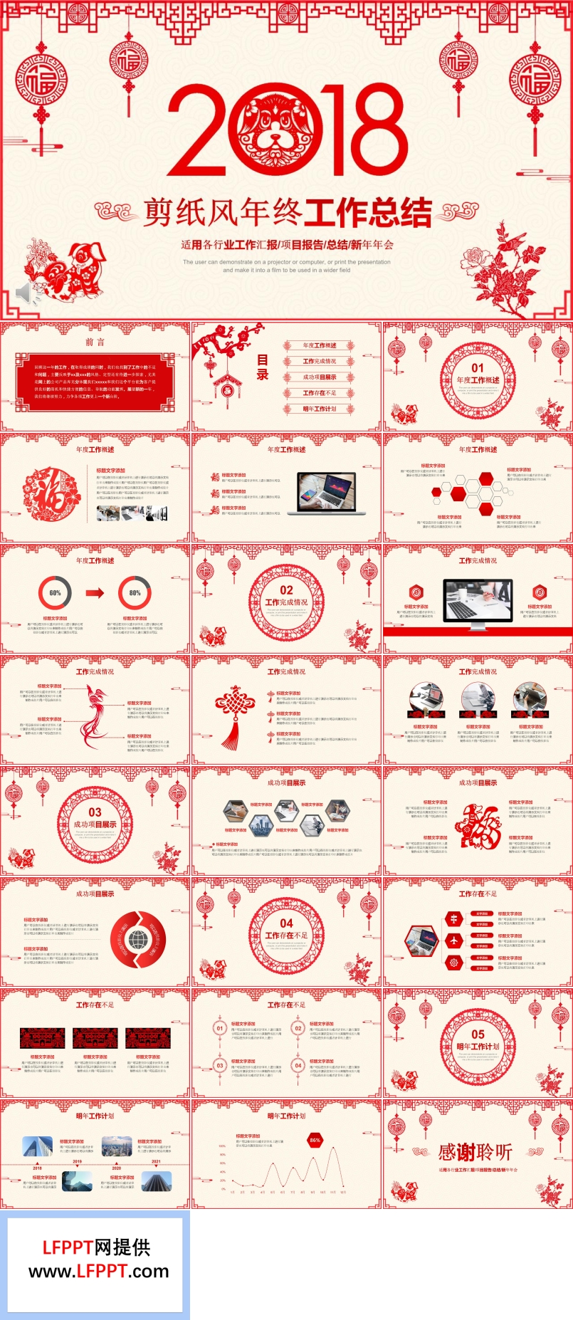 2018狗年喜庆剪纸风年终工作总结汇报PPT模板