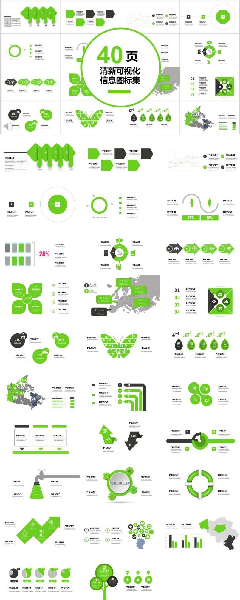 40页绿色清新可视化信息图表合集PPT模板