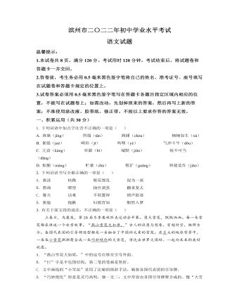 2022年山东省滨州市中考语文真题（原卷版）