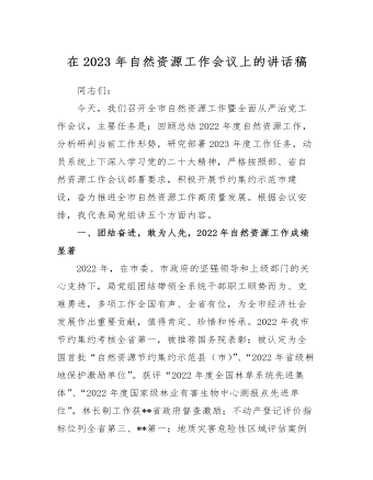 在2023年自然资源工作会议上的讲话稿