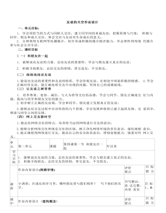 初中道德与法治七年级上册友谊的天空2作业设计