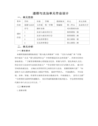 初中道德与法治七年级上册友谊的天空12作业设计